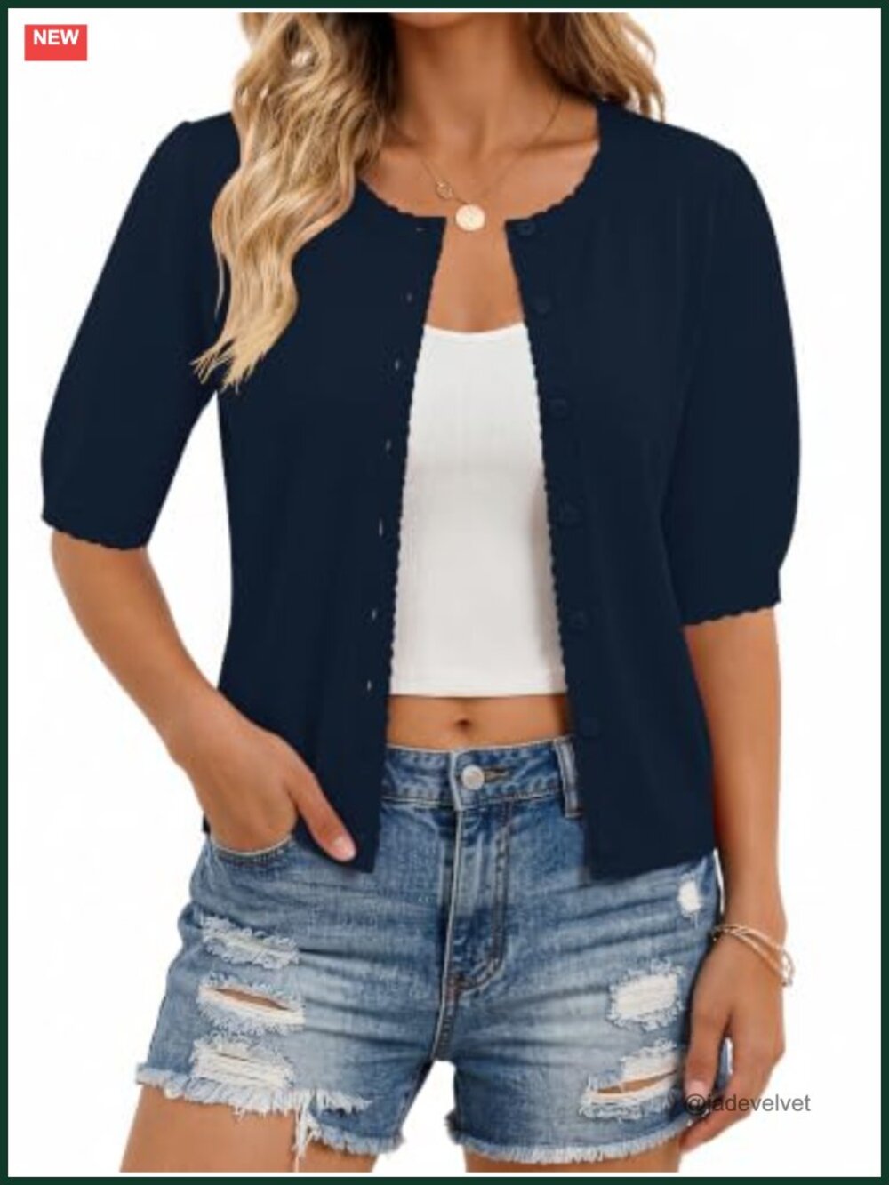 Lightweight Cropped Cardigan Short Sleeve Crew Neck Scalloped Button Knit
